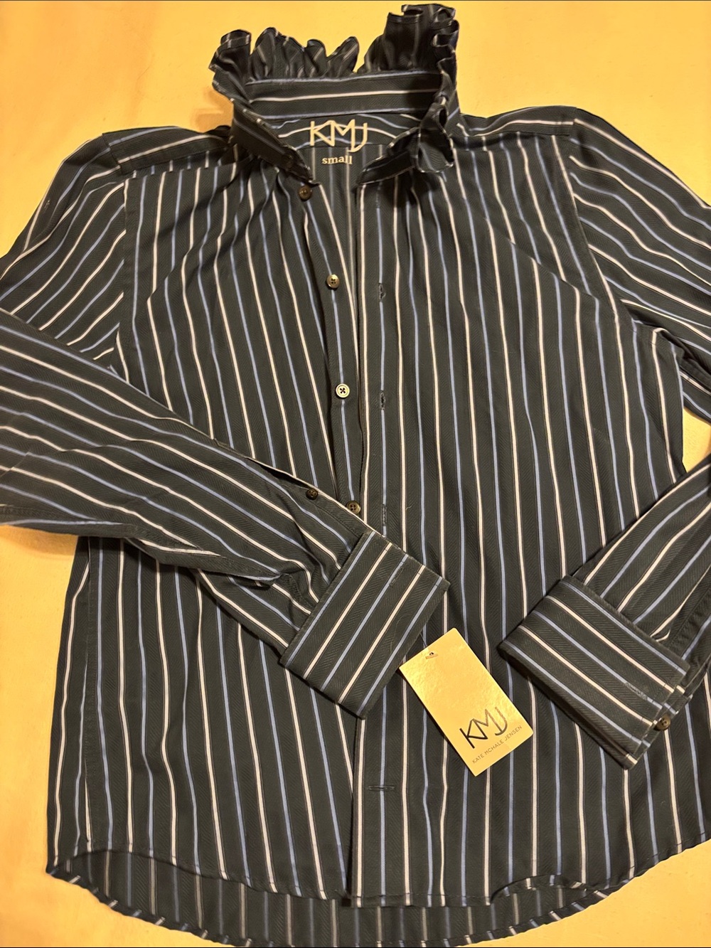 KMJ blue Striped Ruffle-Collar Dress Shirt - Small NWT